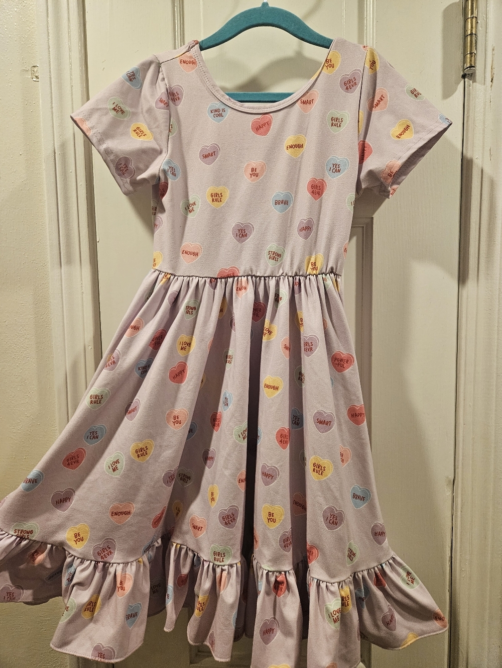 Size 7 Cheeky Plum Girls Lavender Conversation Heart Ruffle Hem Dress